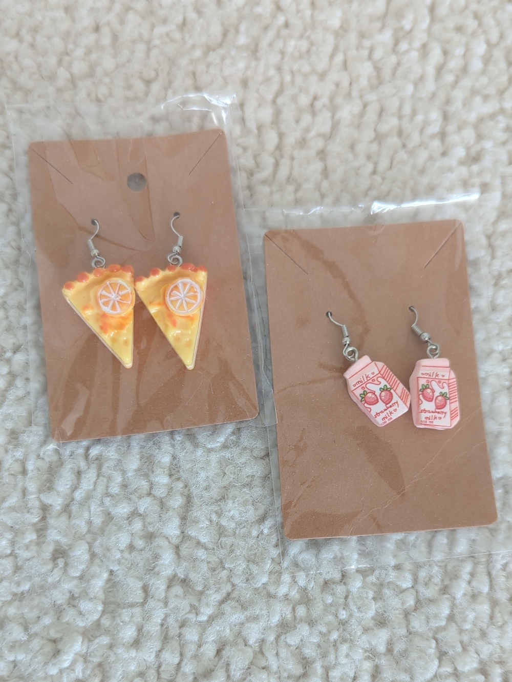 Cute Fruit Snack Earrings - Orange Slice Cake & Strawberry Milk (Set of 2)